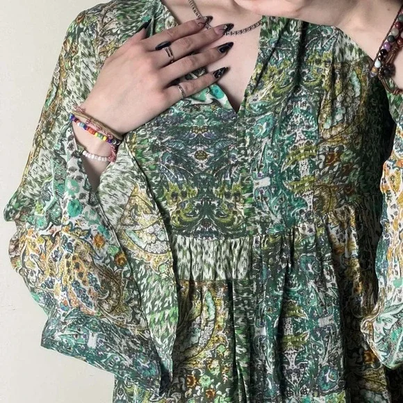 Anthropologie Floreat Amelia Green Paisley Bell Long Sleeve Mini Dress Size 0 - Picture 4 of 9